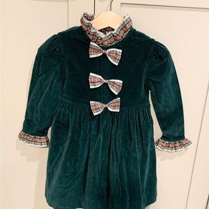 Vintage Green Velvet Cotton Plaid  2T Dress with ruffled collar and bows